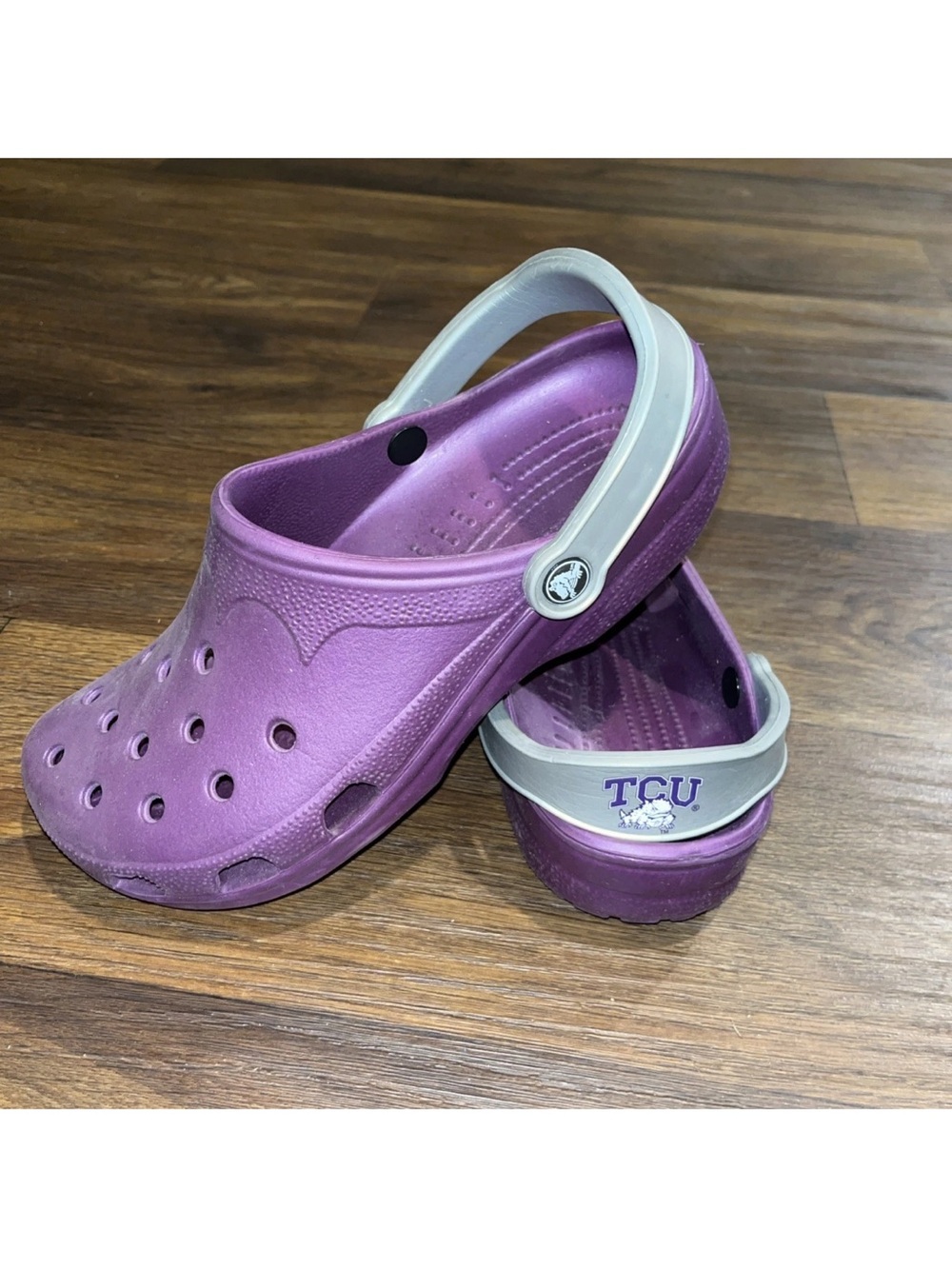 CROCS Purple Clogs with Gray Strap - TCU Logo Men’s 8/9 W 10/11